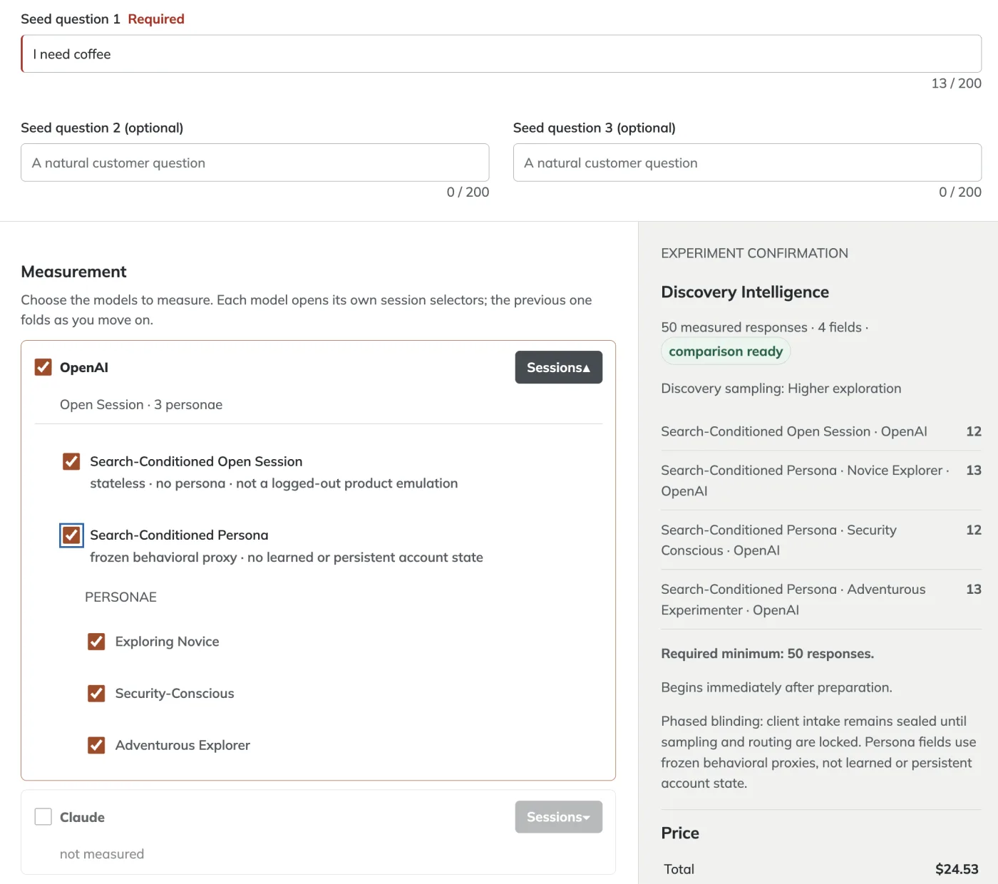 Adaptive intake: seed question one reads I need coffee, two optional seed questions are empty; under Measurement, OpenAI is checked with a Search-Conditioned Open Session and a Search-Conditioned Persona using three personae (Exploring Novice, Security-Conscious, Adventurous Explorer); the confirmation panel shows Discovery Intelligence, 50 measured responses across 4 fields, comparison ready, higher exploration sampling, required minimum 50 responses and a total price of $24.53.