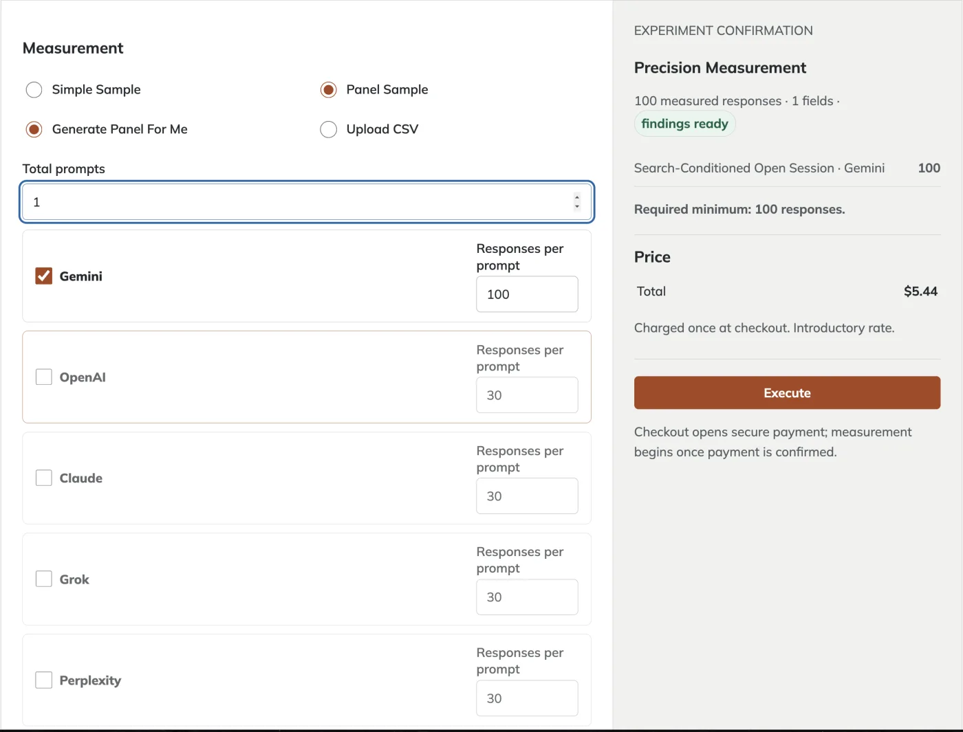 Precision intake: Panel Sample with Generate Panel For Me selected, one total prompt, Gemini checked at 100 responses per prompt, and the confirmation panel showing 100 measured responses, findings ready, required minimum 100 responses and a total price of $5.44.